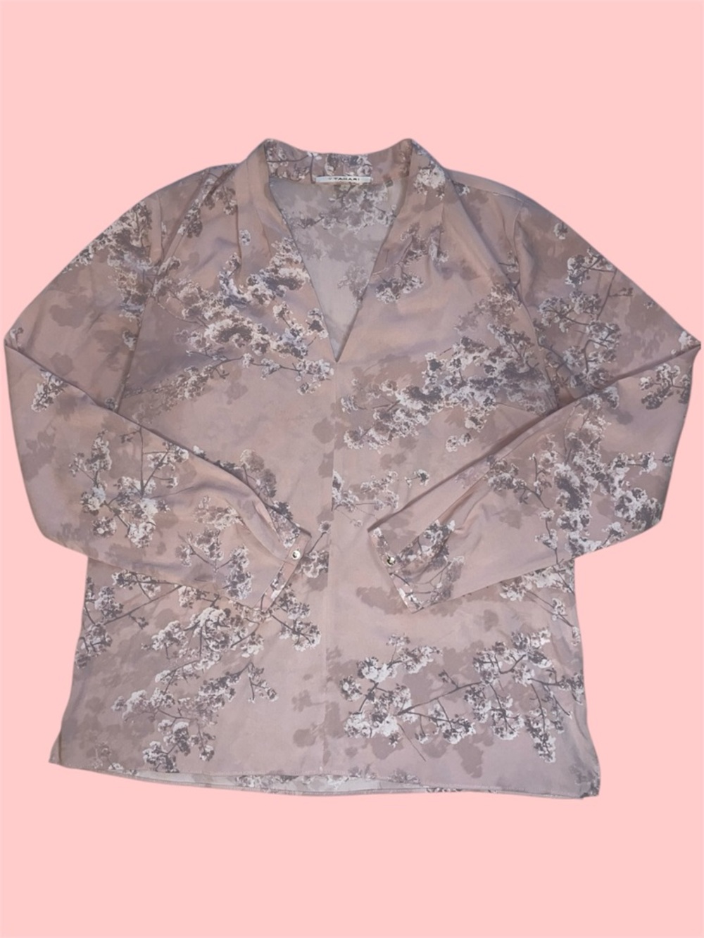 Tahari Dusty Rose/Mauve Pink Floral Long Sleeve V Neck Blouse